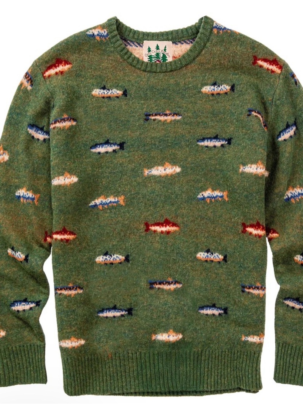 Kiel James Patrick Olive Green Fish Jacquard Crewneck Sweater Men’s size S